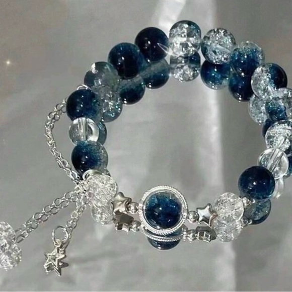 Blue and Silver Glass Bead w/ Star Accent - Picture 2 of 2